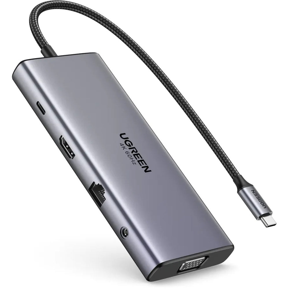Hub USB-C UGREEN CM639 (45520), 2 x USB-A 3.2 - 3 x USB-C - 1 x HDMI - 1 x VGA - 1 x Jack 3.5mm - 1 x RJ45 - 1 x SD - 1 x microSD, Harmaa