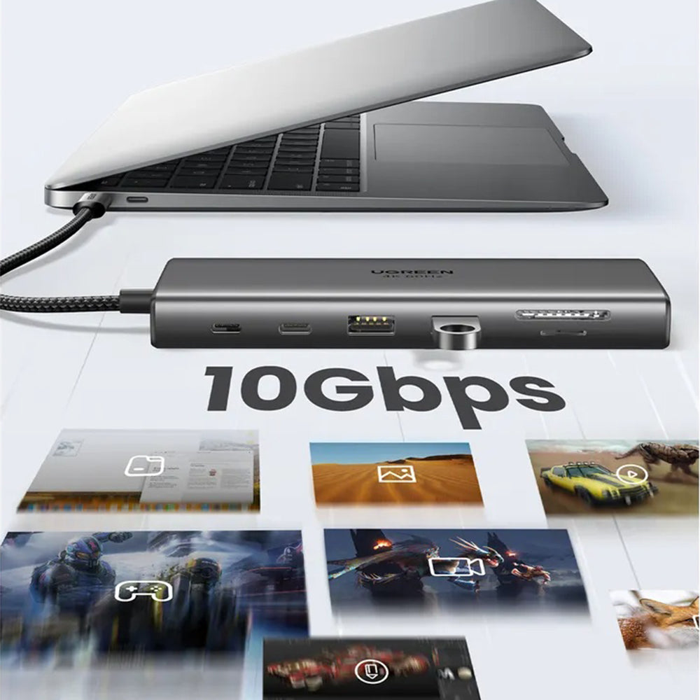 Hub USB-C UGREEN CM639 (45520), 2 x USB-A 3.2 - 3 x USB-C - 1 x HDMI - 1 x VGA - 1 x Jack 3.5mm - 1 x RJ45 - 1 x SD - 1 x microSD, Harmaa