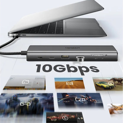 Hub USB-C UGREEN CM639 (45520), 2 x USB-A 3.2 - 3 x USB-C - 1 x HDMI - 1 x VGA - 1 x Jack 3.5mm - 1 x RJ45 - 1 x SD - 1 x microSD, Harmaa
