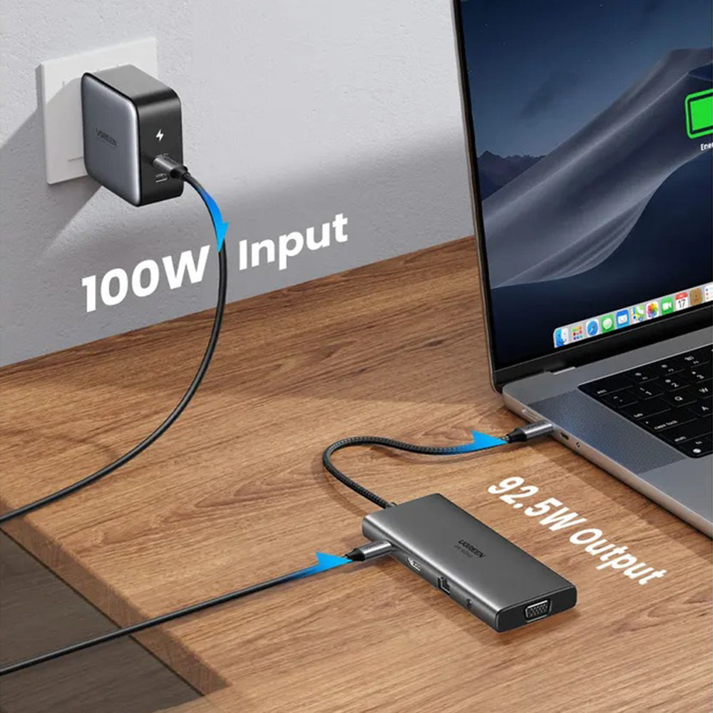 Hub USB-C UGREEN CM639 (45520), 2 x USB-A 3.2 - 3 x USB-C - 1 x HDMI - 1 x VGA - 1 x Jack 3.5mm - 1 x RJ45 - 1 x SD - 1 x microSD, Harmaa