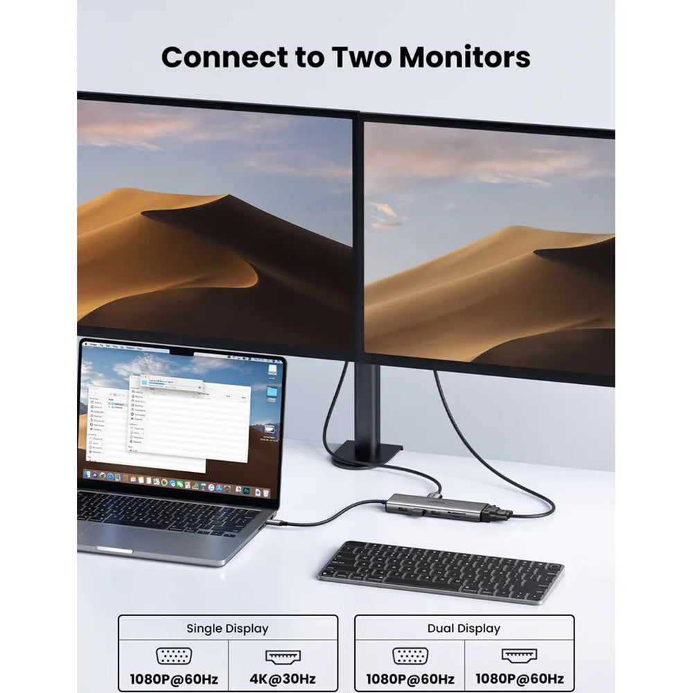 Hub USB-C UGREEN CM639 (45520), 2 x USB-A 3.2 - 3 x USB-C - 1 x HDMI - 1 x VGA - 1 x Jack 3.5mm - 1 x RJ45 - 1 x SD - 1 x microSD, Harmaa