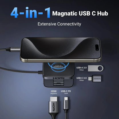 Hub USB-C UGREEN CM801, 1 x USB-A 3.0 - 2 x USB-C - 1 x HDMI, Harmaa