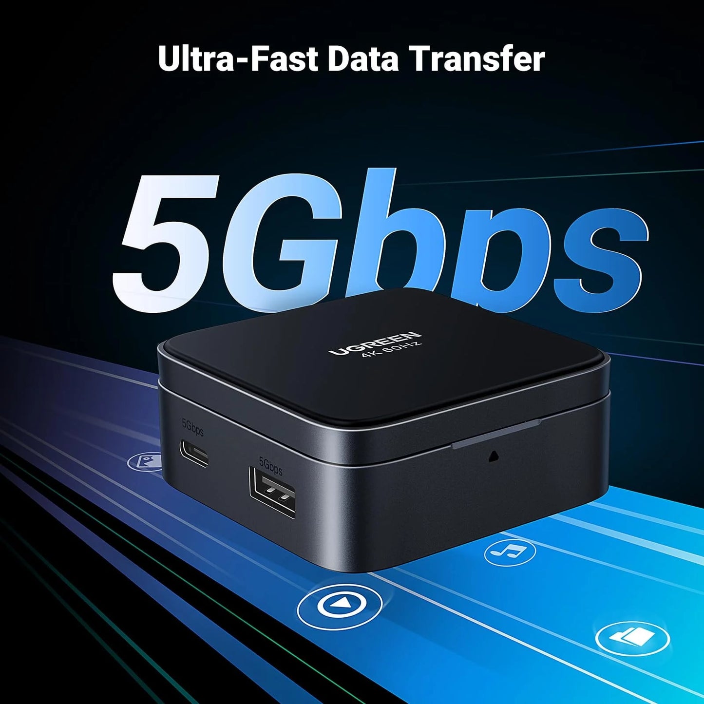 Hub USB-C UGREEN CM801, 1 x USB-A 3.0 - 2 x USB-C - 1 x HDMI, Harmaa