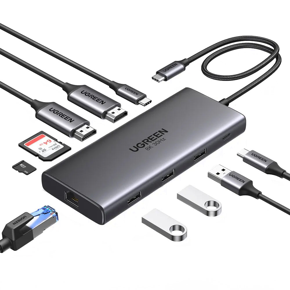 Hub USB-C UGREEN Revodok Pro 210 CM639, 1 x USB-A 3.0 - 2 x USB-A - 2 x USB-C - 2 x HDMI - 1 x RJ45 - 1 x SD - 1 x microSD, Harmaa
