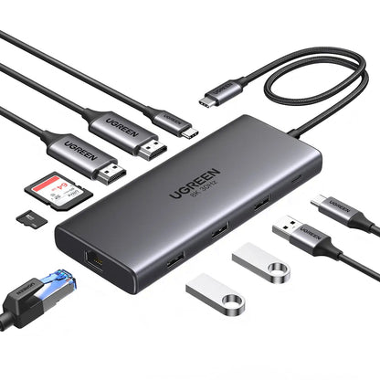 Hub USB-C UGREEN Revodok Pro 210 CM639, 1 x USB-A 3.0 - 2 x USB-A - 2 x USB-C - 2 x HDMI - 1 x RJ45 - 1 x SD - 1 x microSD, Harmaa