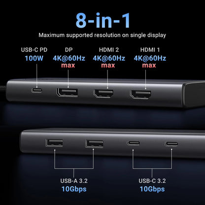 Hub USB-C UGREEN Revodok 308 CM639, 2 x USB-A 3.2 - 3 x USB-C - 1 x Display Port - 2 x HDMI, Harmaa