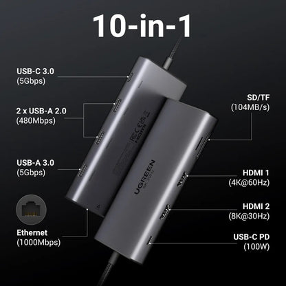 Hub USB-C UGREEN Revodok Pro 210 CM639, 1 x USB-A 3.0 - 2 x USB-A - 2 x USB-C - 2 x HDMI - 1 x RJ45 - 1 x SD - 1 x microSD, Harmaa