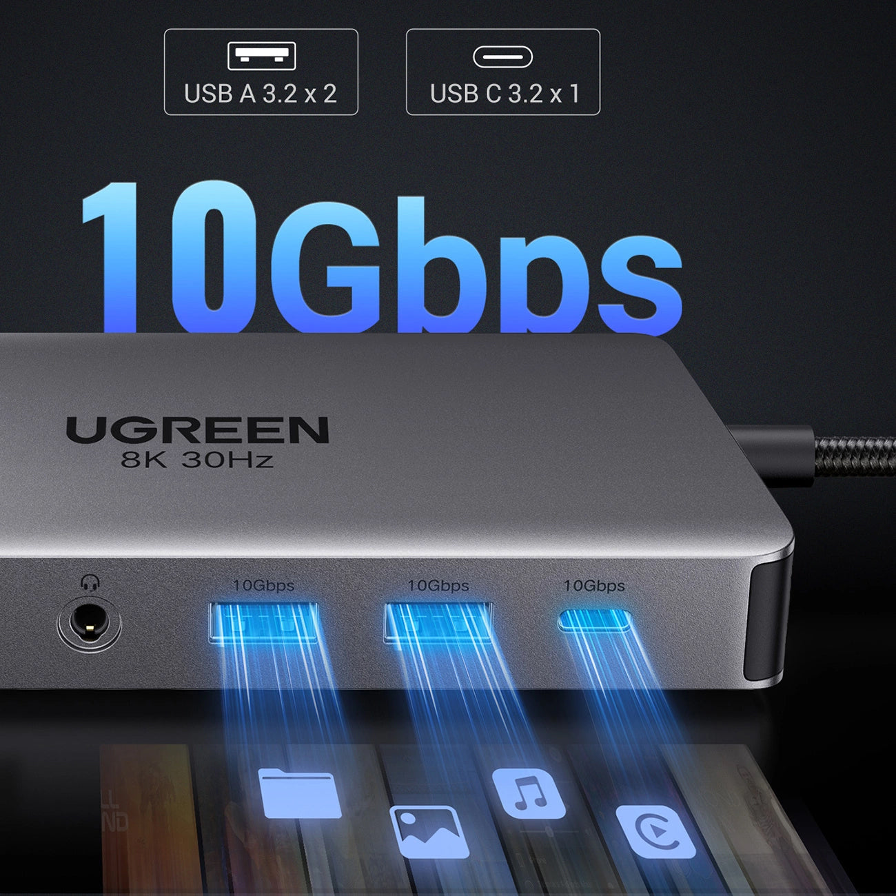 Hub USB-C UGREEN Revodok Pro 313 CM681, 2 x USB-A 3.2 - 1 x USB-A 3.0 - 2 x USB-C - 2 x HDMI - 1 x Jack 3.5mm - 1 x RJ45 - 1 x SD - 1 x microSD, Harmaa