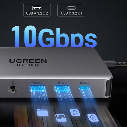 Hub USB-C UGREEN Revodok Pro 313 CM681, 2 x USB-A 3.2 - 1 x USB-A 3.0 - 2 x USB-C - 2 x HDMI - 1 x Jack 3.5mm - 1 x RJ45 - 1 x SD - 1 x microSD, Harmaa
