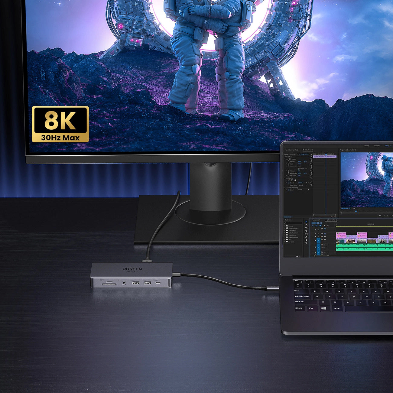 Hub USB-C UGREEN Revodok Pro 313 CM681, 2 x USB-A 3.2 - 1 x USB-A 3.0 - 2 x USB-C - 2 x HDMI - 1 x Jack 3.5mm - 1 x RJ45 - 1 x SD - 1 x microSD, Harmaa
