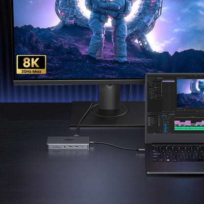 Hub USB-C UGREEN Revodok Pro 313 CM681, 2 x USB-A 3.2 - 1 x USB-A 3.0 - 2 x USB-C - 2 x HDMI - 1 x Jack 3.5mm - 1 x RJ45 - 1 x SD - 1 x microSD, Harmaa