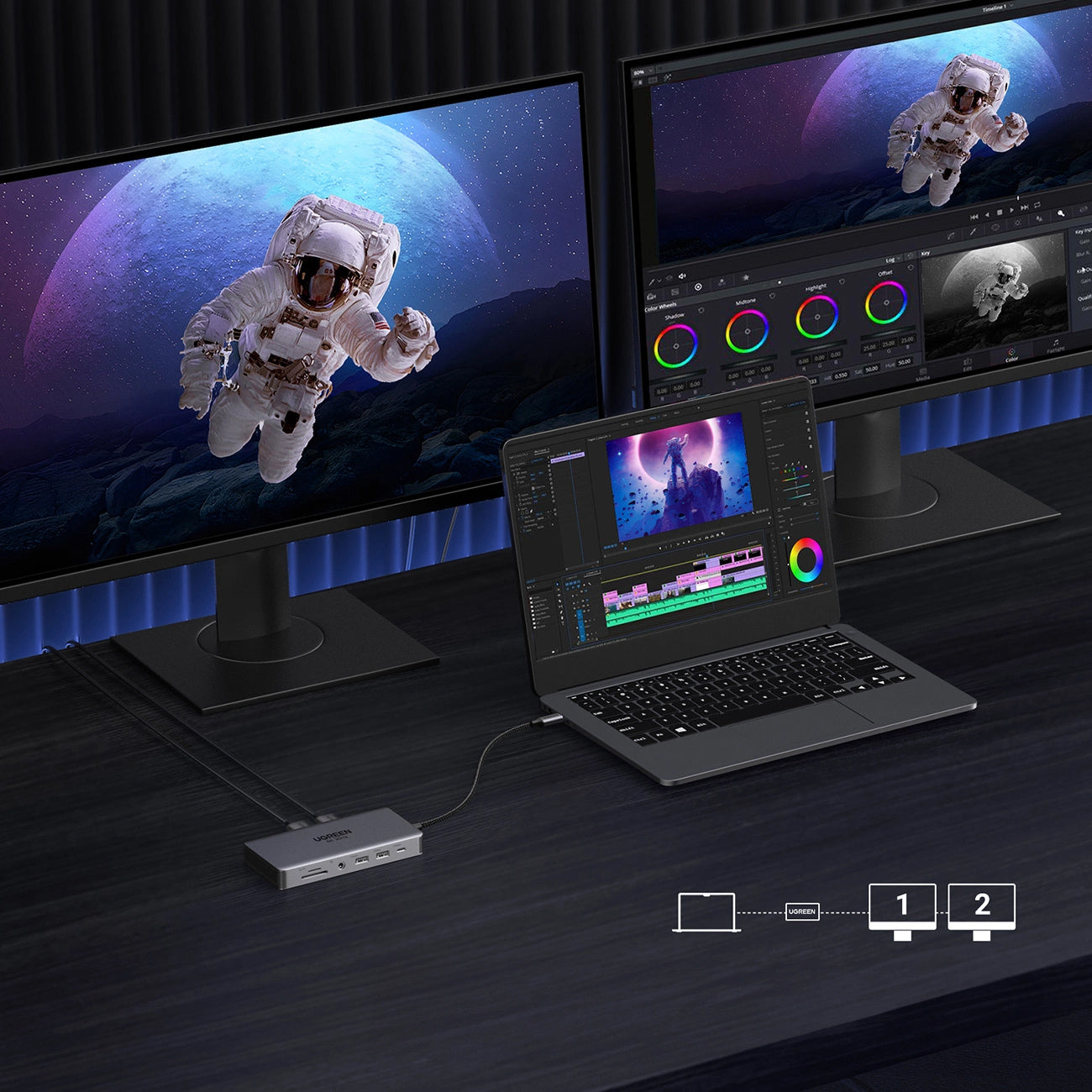 Hub USB-C UGREEN Revodok Pro 313 CM681, 2 x USB-A 3.2 - 1 x USB-A 3.0 - 2 x USB-C - 2 x HDMI - 1 x Jack 3.5mm - 1 x RJ45 - 1 x SD - 1 x microSD, Harmaa