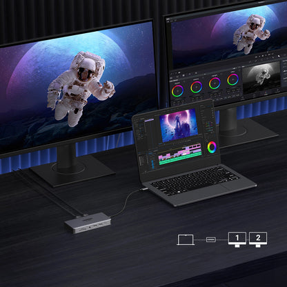 Hub USB-C UGREEN Revodok Pro 313 CM681, 2 x USB-A 3.2 - 1 x USB-A 3.0 - 2 x USB-C - 2 x HDMI - 1 x Jack 3.5mm - 1 x RJ45 - 1 x SD - 1 x microSD, Harmaa