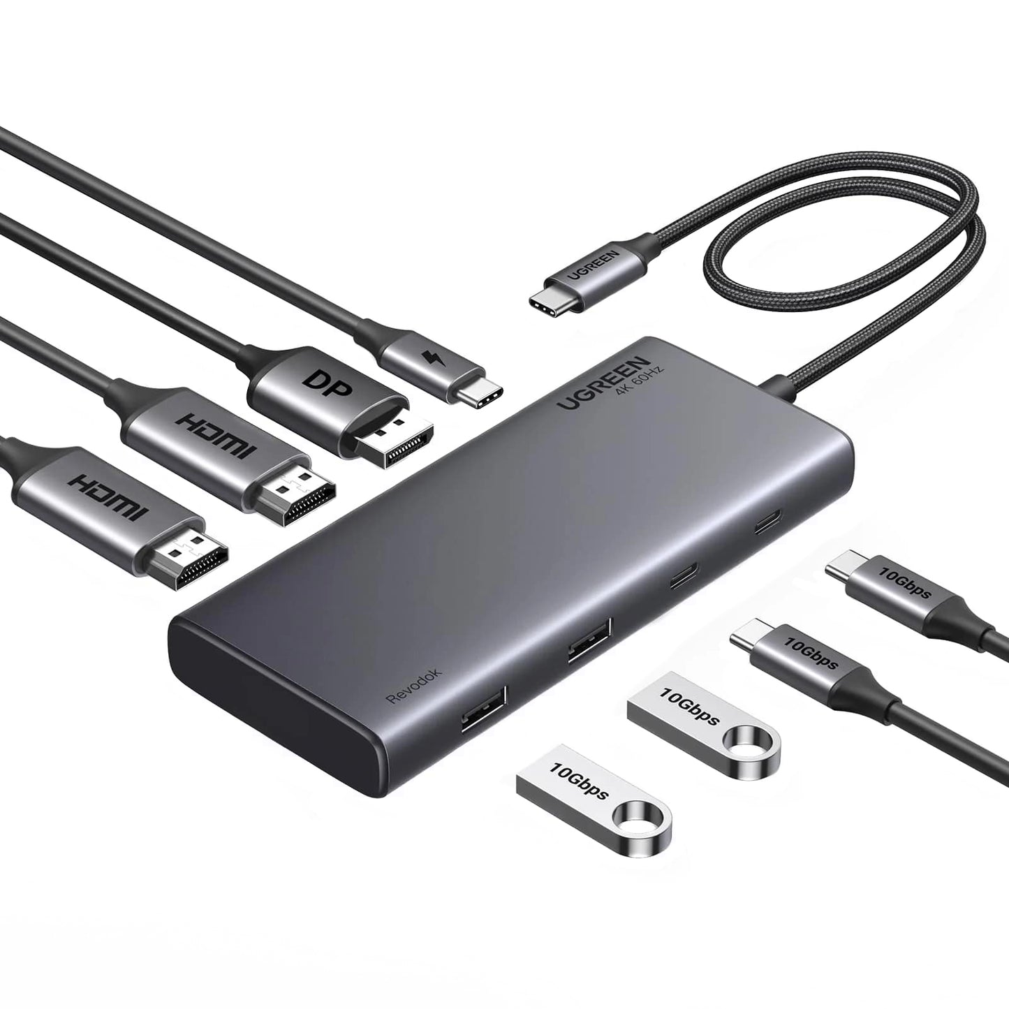 Hub USB-C UGREEN Revodok 308 CM639, 2 x USB-A 3.2 - 3 x USB-C - 1 x Display Port - 2 x HDMI, Harmaa