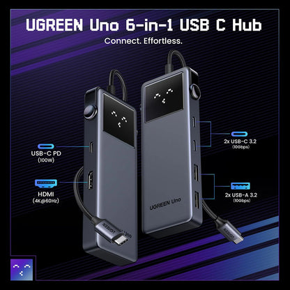 USB-C-keskitin UGREEN Uno (75177), 2 x USB-A 3.2 - 3 x USB-C - 1 x HDMI, Harmaa