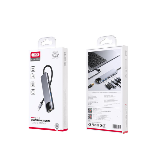 Hub USB-C XO Design HUB013, 1 x USB-A - 1 x USB-A 3.0 - 2 x USB-C - 1 x HDMI - 1 x RJ45, Harmaa