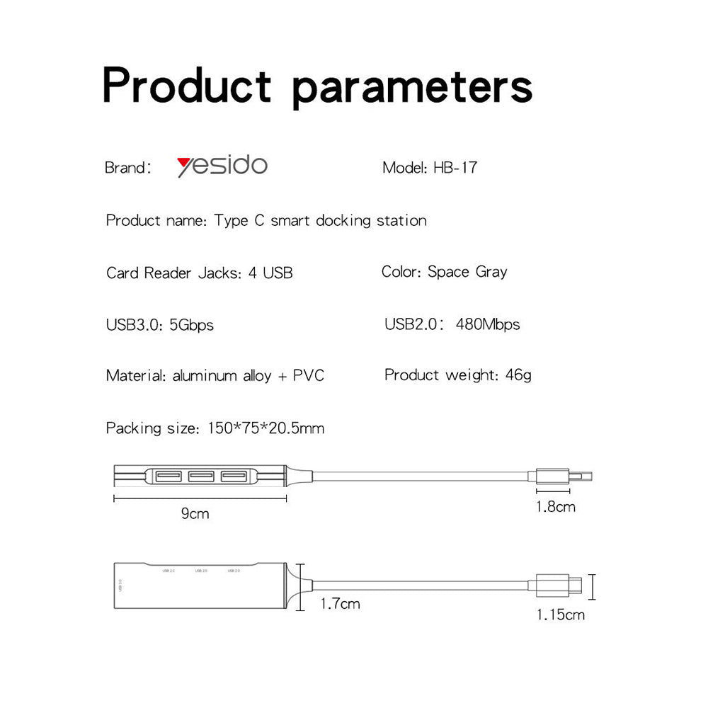 USB-C-hubi Yesido HB17, 4in1, harmaa