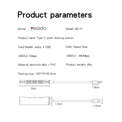 USB-C-hubi Yesido HB17, 4in1, harmaa