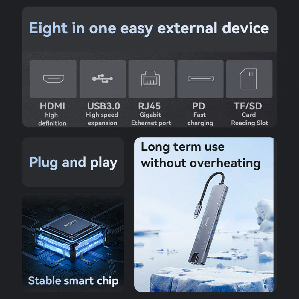 USB-C-hubi Yesido HB27, 8in1, harmaa