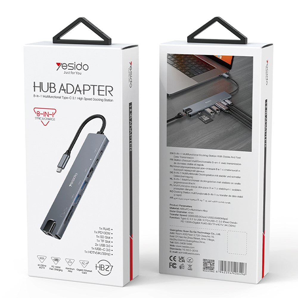 USB-C-hubi Yesido HB27, 8in1, harmaa
