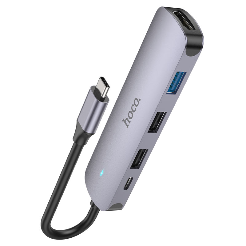 USB-C-keskitin HOCO HB27, USB-A 3.0 - 2 x USB-A - USB-C - HDMI, Harmaa