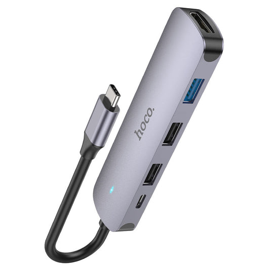 USB-C-keskitin HOCO HB27, USB-A 3.0 - 2 x USB-A - USB-C - HDMI, Harmaa