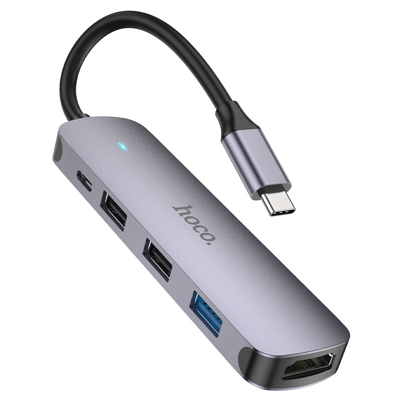 USB-C-keskitin HOCO HB27, USB-A 3.0 - 2 x USB-A - USB-C - HDMI, Harmaa
