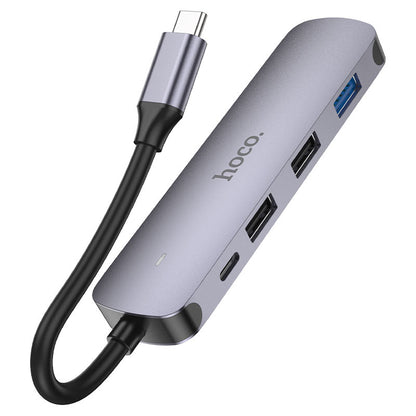 USB-C-keskitin HOCO HB27, USB-A 3.0 - 2 x USB-A - USB-C - HDMI, Harmaa