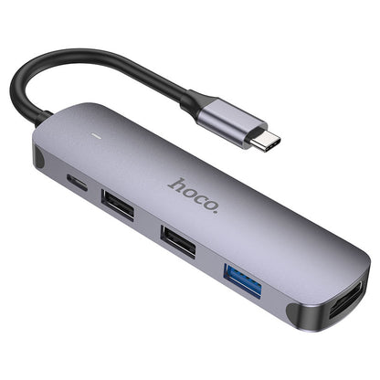 USB-C-keskitin HOCO HB27, USB-A 3.0 - 2 x USB-A - USB-C - HDMI, Harmaa