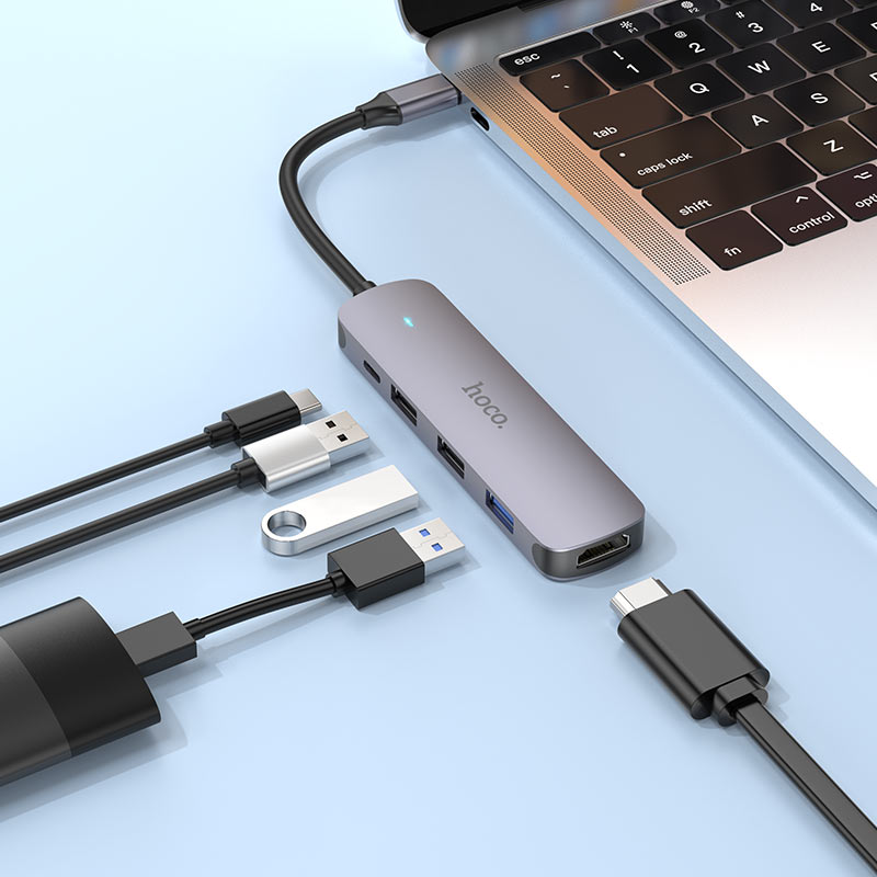 USB-C-keskitin HOCO HB27, USB-A 3.0 - 2 x USB-A - USB-C - HDMI, Harmaa