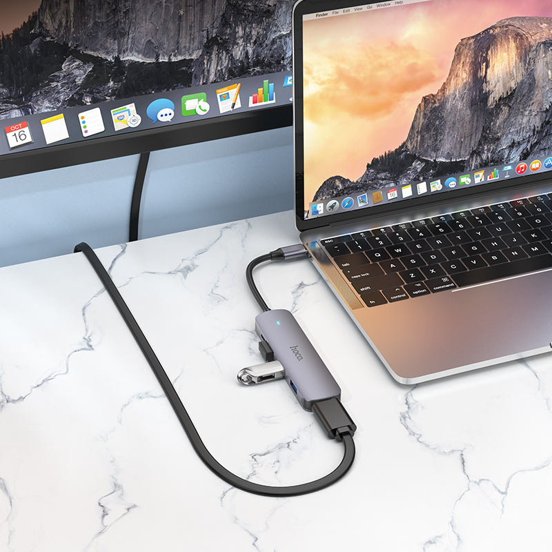 USB-C-keskitin HOCO HB27, USB-A 3.0 - 2 x USB-A - USB-C - HDMI, Harmaa