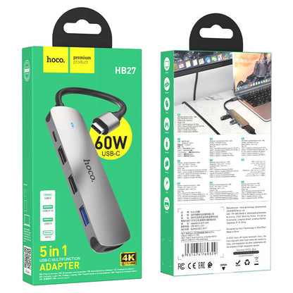USB-C-keskitin HOCO HB27, USB-A 3.0 - 2 x USB-A - USB-C - HDMI, Harmaa