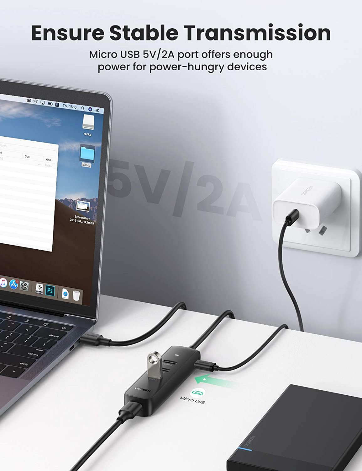Hub USB UGREEN CM416, 4 x USB-A 3.0, 1m, Musta