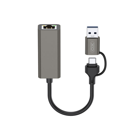 XO Design HUB018 -verkkokortti, RJ45, USB-C / USB, Harmaa