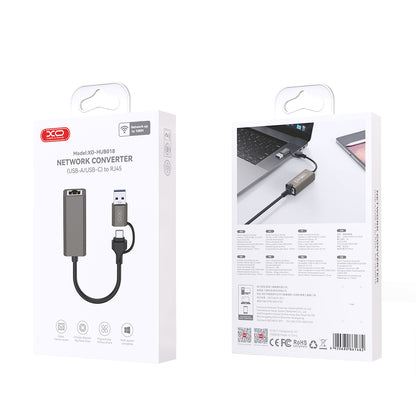 XO Design HUB018 Network Card, RJ45, USB-C / USB, Grey