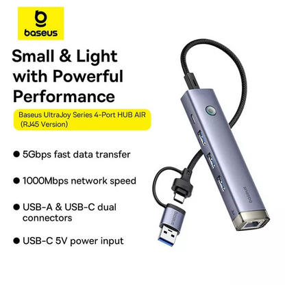 USB / USB-C -hubi Baseus UltraJoy, 3 x USB-A 3.0 - 1 x USB-C - 1 x RJ45, Harmaa B0005280B811-14