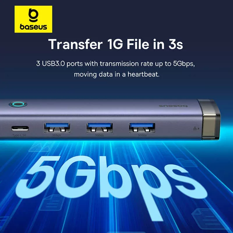 USB / USB-C -hubi Baseus UltraJoy, 3 x USB-A 3.0 - 1 x USB-C - 1 x RJ45, Harmaa B0005280B811-14