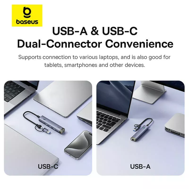 USB / USB-C -hubi Baseus UltraJoy, 3 x USB-A 3.0 - 1 x USB-C - 1 x RJ45, Harmaa B0005280B811-14