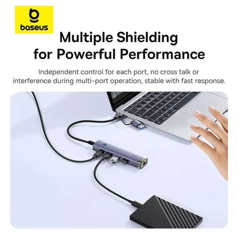 USB / USB-C -hubi Baseus UltraJoy, 3 x USB-A 3.0 - 1 x USB-C - 1 x RJ45, Harmaa B0005280B811-14