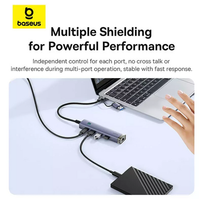 USB / USB-C -hubi Baseus UltraJoy, 3 x USB-A 3.0 - 1 x USB-C - 1 x RJ45, Harmaa B0005280B811-14