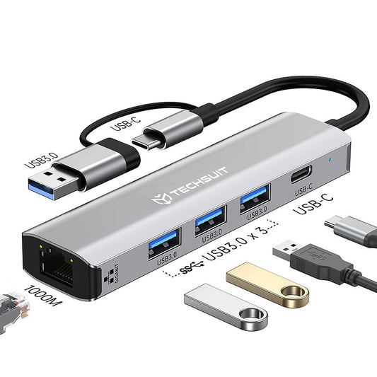 USB / USB-C -keskitin Techsuit H3 BoostNetLink, 5in1, Harmaa