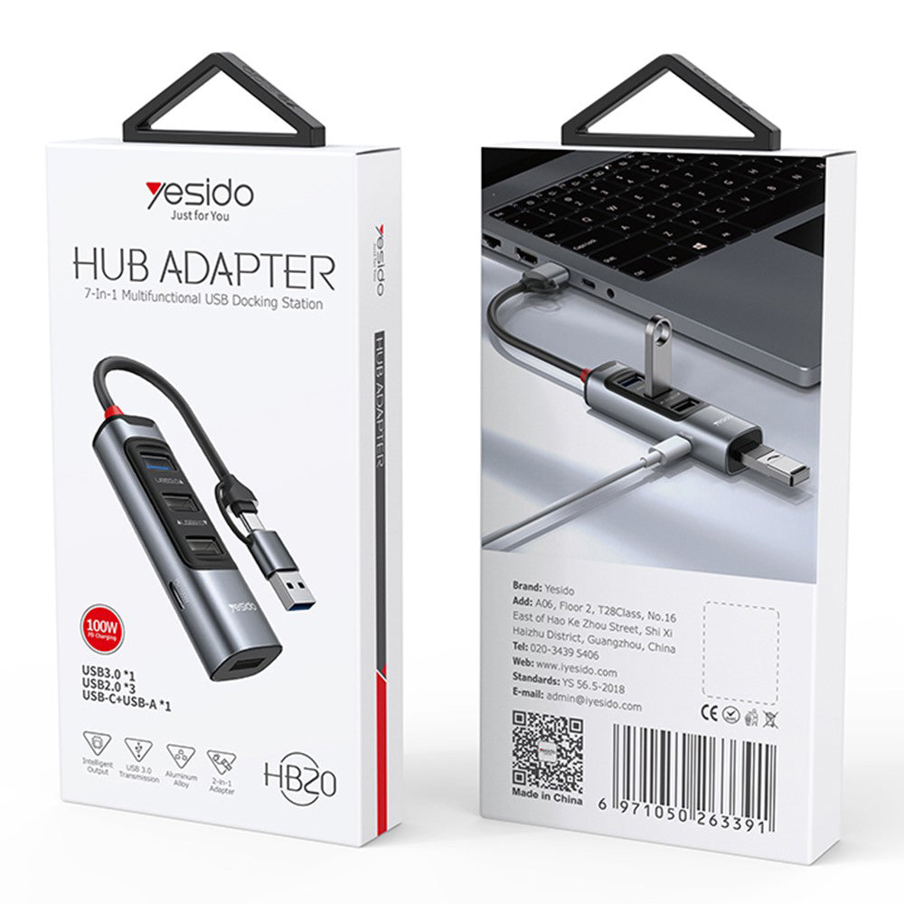 USB / USB-C -keskitin Yesido HB20, 5in1, Harmaa