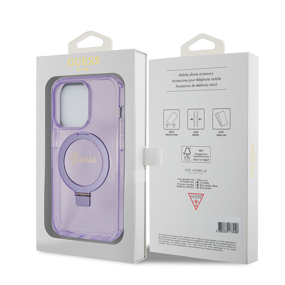 MagSafe-kotelo Apple iPhone 15 Pro Maxille, Guess, IML Ring Stand Glitter, Violetti GUHMP15XHRSGSU