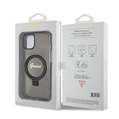 MagSafe Case for Apple iPhone 15, Guess, Ring Stand Script Glitter, Black