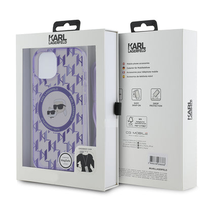 MagSafe Case for Apple iPhone 15, Karl Lagerfeld, IML Crossbody Monogram Karl & Choupette's Heads, Purple