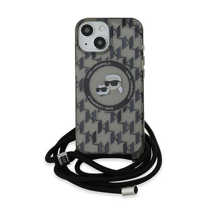MagSafe-kotelo Apple iPhone 15:lle, Karl Lagerfeld, IML Crossbody Monogram Karl & Choupette's Heads, Musta