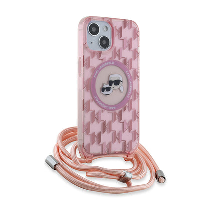 MagSafe-kotelo Apple iPhone 15:lle, Karl Lagerfeld, IML Crossbody Monogram Karl & Choupette's Heads, Pinkki