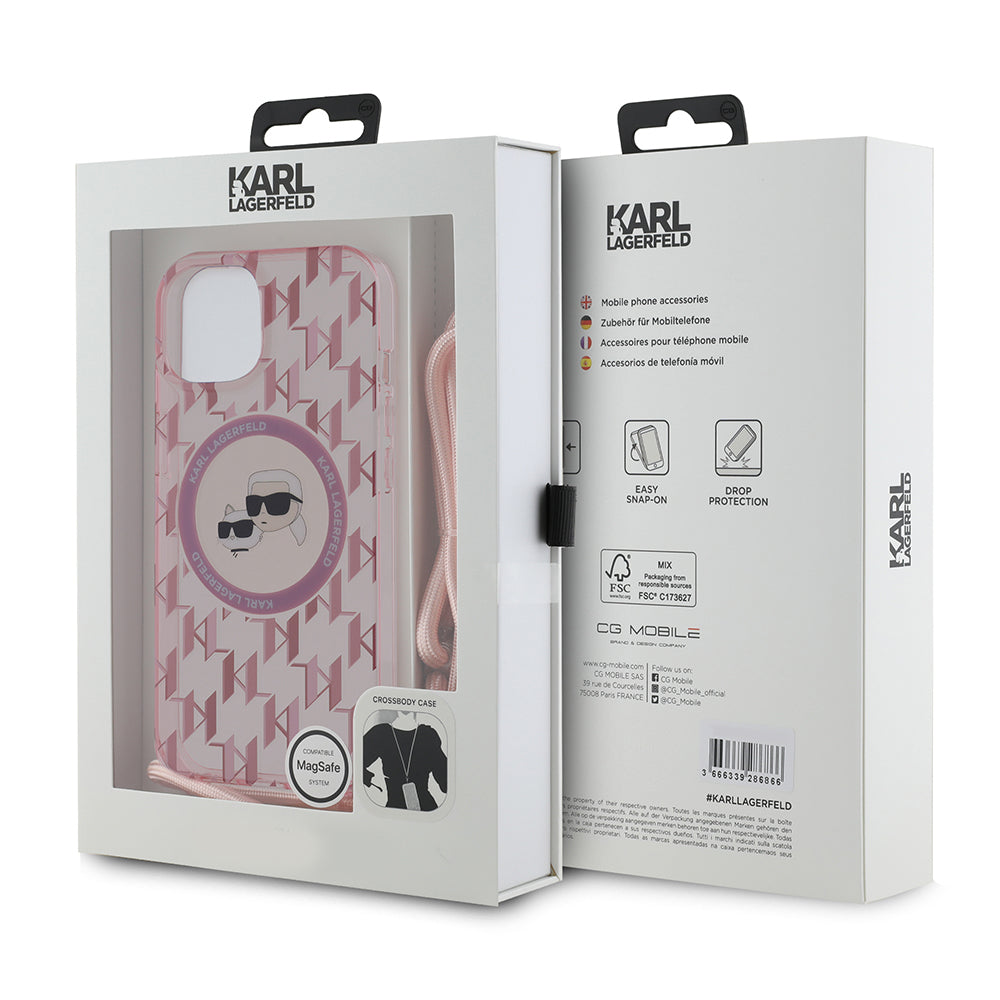 MagSafe-kotelo Apple iPhone 15:lle, Karl Lagerfeld, IML Crossbody Monogram Karl & Choupette's Heads, Pinkki