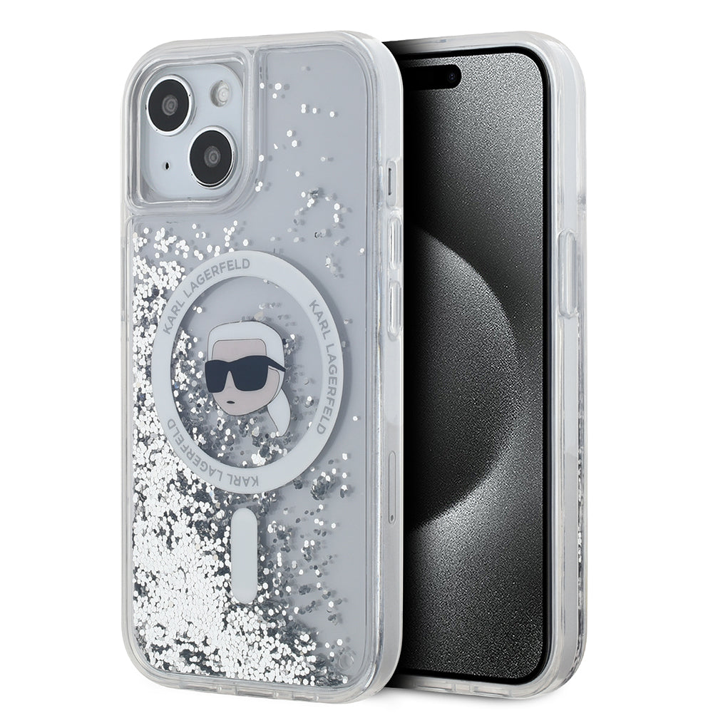 MagSafe-kotelo Apple iPhone 15:lle, Karl Lagerfeld, Liquid Glitter Karl's Head, Läpinäkyvä
