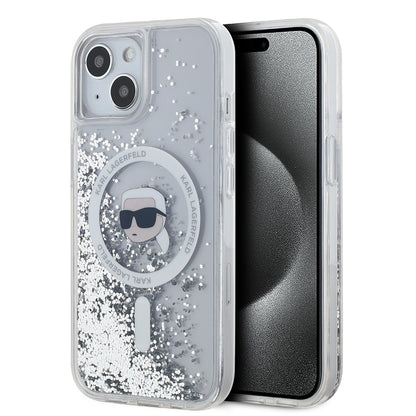 MagSafe-kotelo Apple iPhone 15:lle, Karl Lagerfeld, Liquid Glitter Karl's Head, Läpinäkyvä